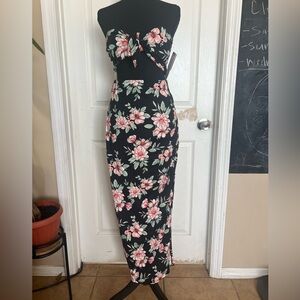 Almost Famous Black Strapless Dress with Pink Floral Design